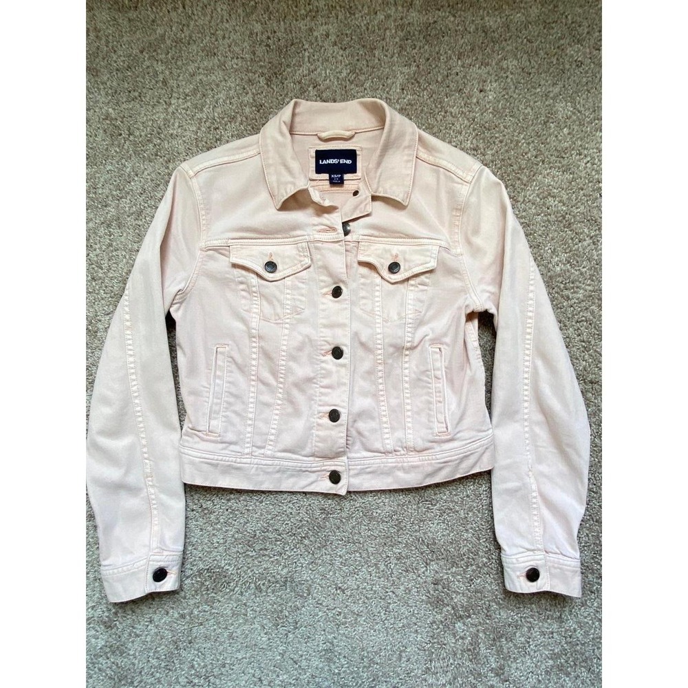 Lands End Denim Jean Jacket Size XS 2-4 Distressed Light Pink